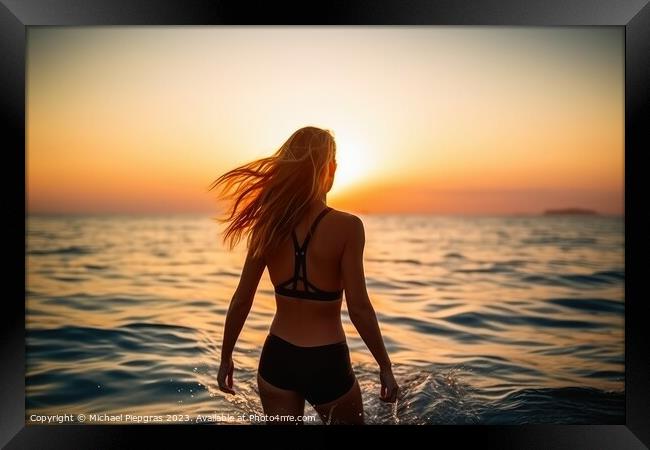 An attractive Woman at a beach during sunset created with genera Framed Print by Michael Piepgras