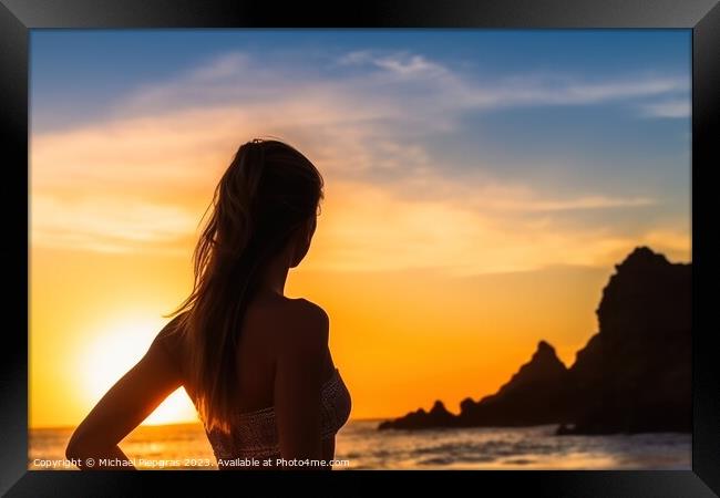 Attractive woman wearing a bikini at the beach during sunset cre Framed Print by Michael Piepgras