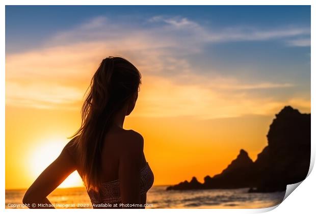 Attractive woman wearing a bikini at the beach during sunset cre Print by Michael Piepgras