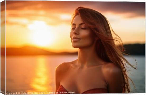 Attractive woman wearing a bikini at the beach during sunset cre Canvas Print by Michael Piepgras