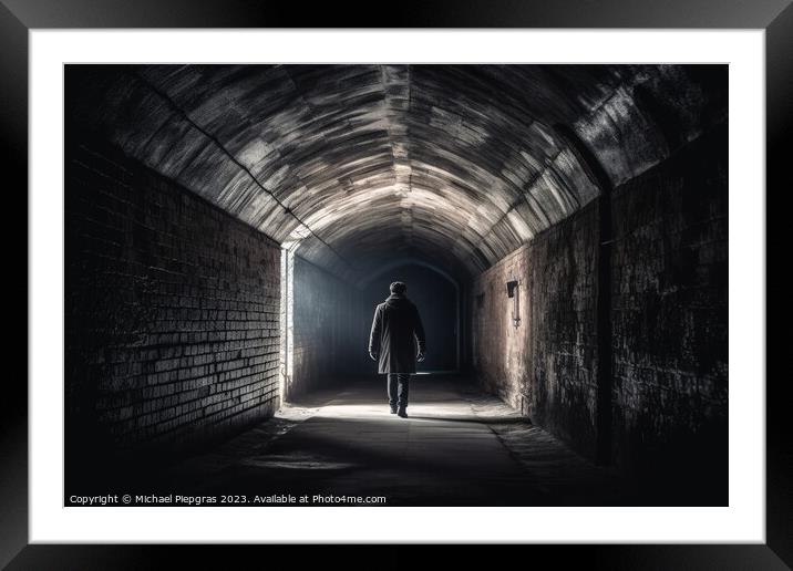 Back view of a lonely person in a tunnel  created with generativ Framed Mounted Print by Michael Piepgras