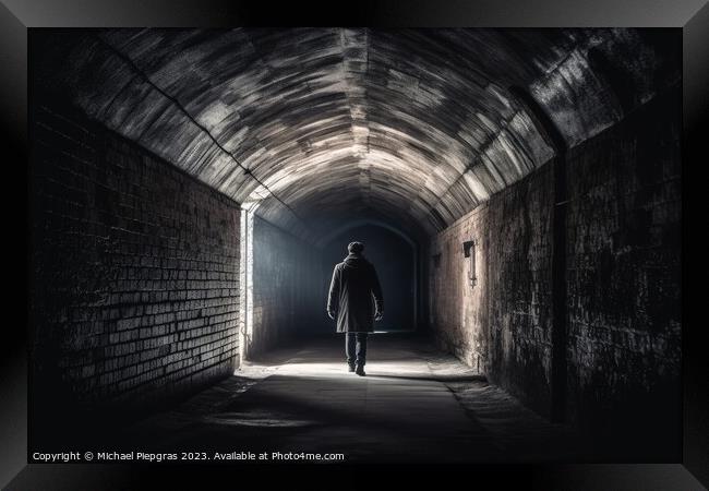 Back view of a lonely person in a tunnel  created with generativ Framed Print by Michael Piepgras