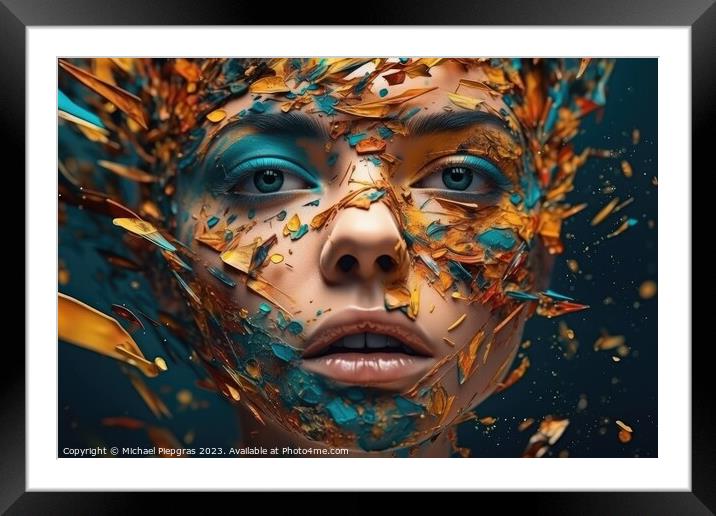 Close up of a beautiful cyberspace female face in a chaotic surr Framed Mounted Print by Michael Piepgras