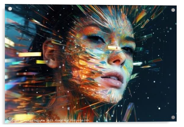 Close up of a beautiful cyberspace female face in a chaotic surr Acrylic by Michael Piepgras