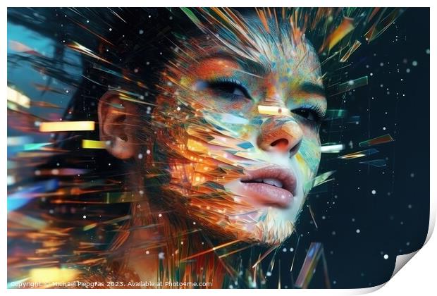 Close up of a beautiful cyberspace female face in a chaotic surr Print by Michael Piepgras