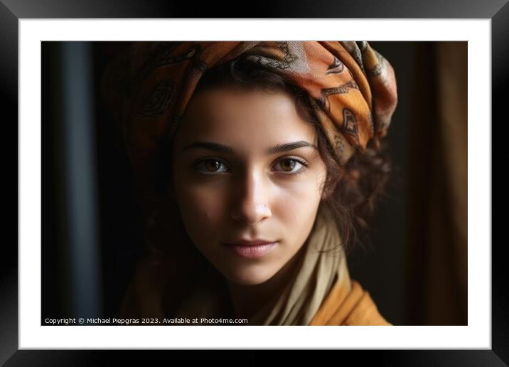 Close up view of a young woman with a headscarf created with gen Framed Mounted Print by Michael Piepgras