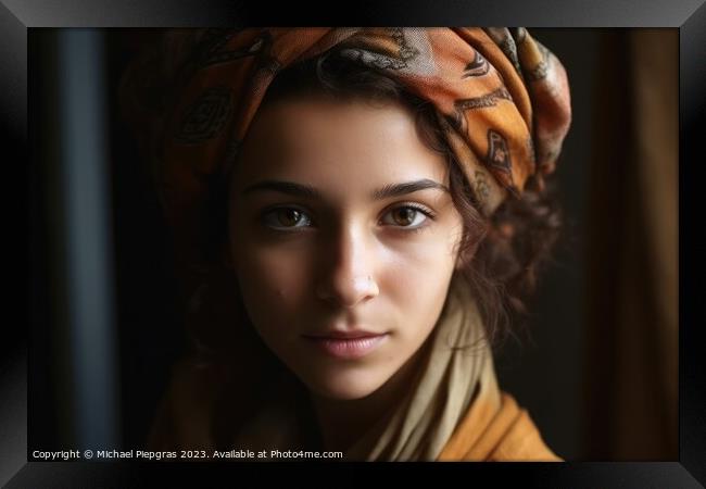 Close up view of a young woman with a headscarf created with gen Framed Print by Michael Piepgras