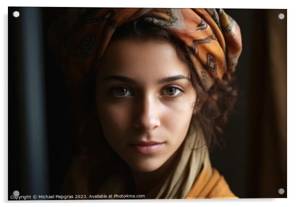 Close up view of a young woman with a headscarf created with gen Acrylic by Michael Piepgras