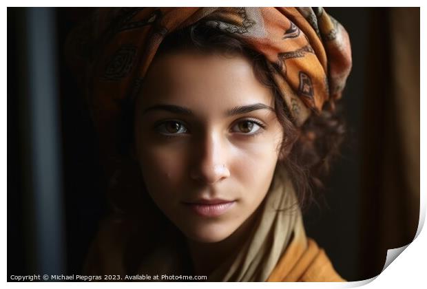 Close up view of a young woman with a headscarf created with gen Print by Michael Piepgras