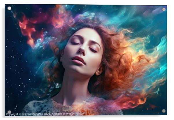 Ethereal and mesmerizing woman portrait in a galaxy environment  Acrylic by Michael Piepgras