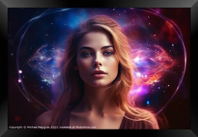 Ethereal and mesmerizing woman portrait in a galaxy environment  Framed Print by Michael Piepgras