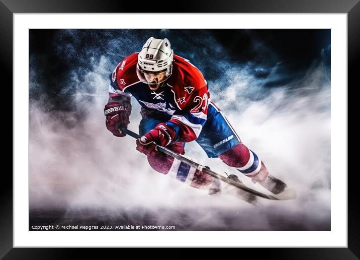 Mesmerizing ice hockey player in a cloud of exploding ice create Framed Mounted Print by Michael Piepgras