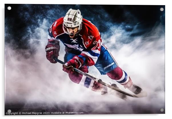 Mesmerizing ice hockey player in a cloud of exploding ice create Acrylic by Michael Piepgras