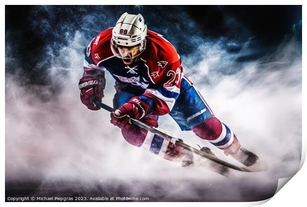 Mesmerizing ice hockey player in a cloud of exploding ice create Print by Michael Piepgras