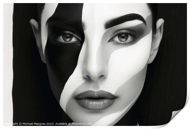 Portrait of a woman with a black and white makeup separating the Print by Michael Piepgras
