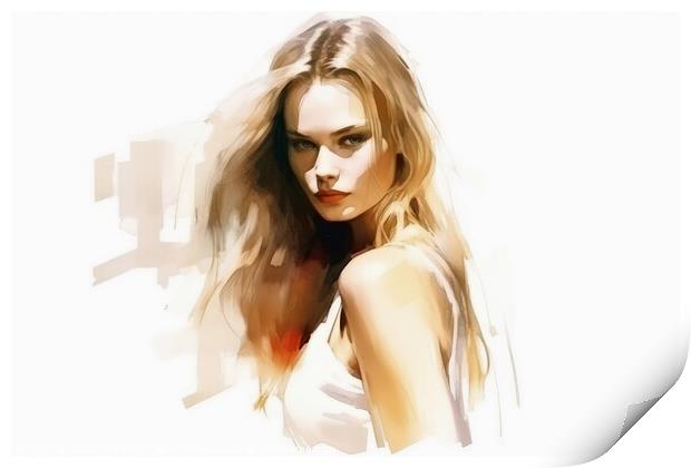 Watercolor portrait of a woman on a white background created wit Print by Michael Piepgras