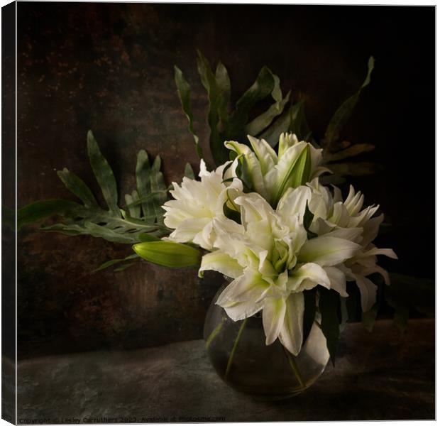 White lilies, Still life Canvas Print by Lesley Carruthers