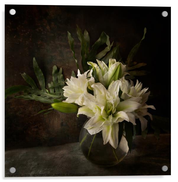 White lilies, Still life Acrylic by Lesley Carruthers