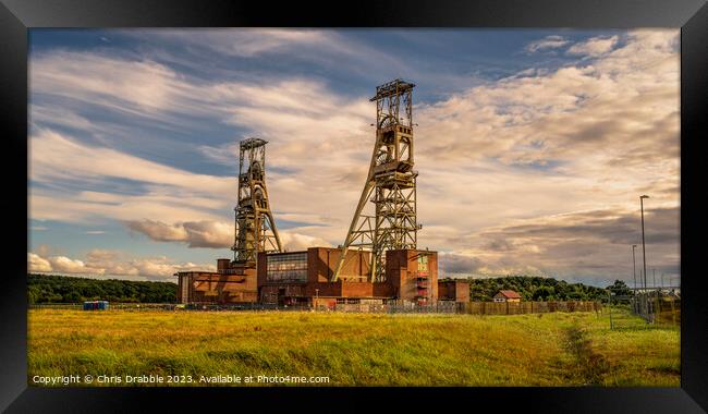 Clipstone Colliery Headstocks at sunset (1) Framed Print by Chris Drabble