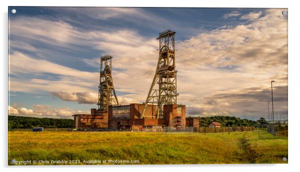 Clipstone Colliery Headstocks at sunset (1) Acrylic by Chris Drabble