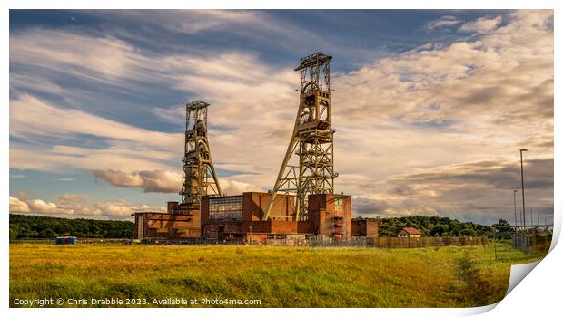 Clipstone Colliery Headstocks at sunset (1) Print by Chris Drabble
