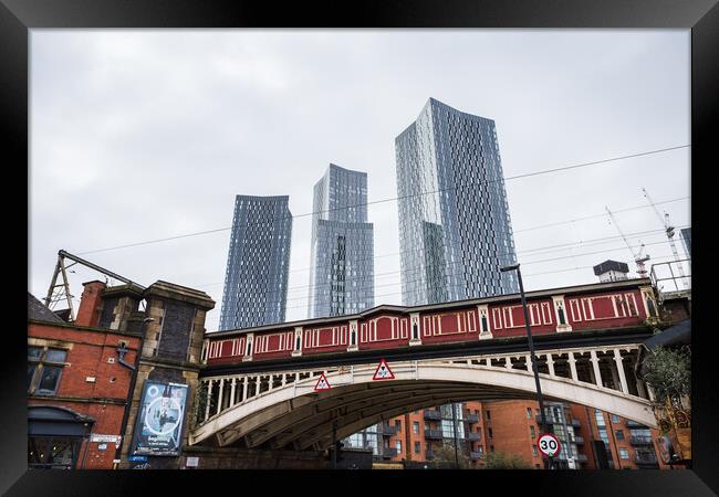 Deansgate Square above a red railway bridge Framed Print by Jason Wells