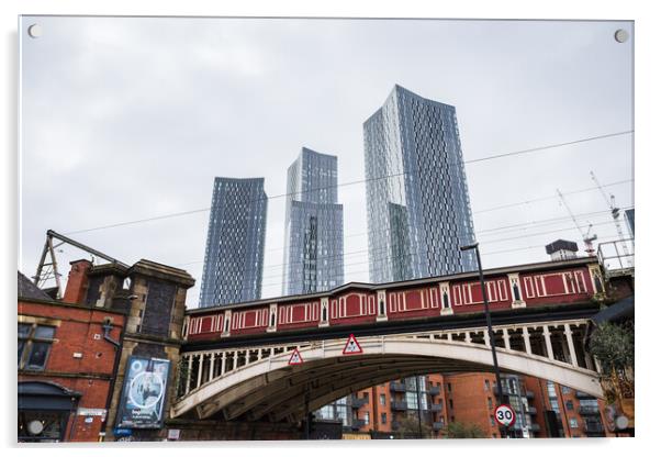 Deansgate Square above a red railway bridge Acrylic by Jason Wells