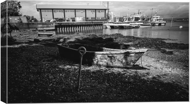 Monochrome Small Boat in Montrose Harbour Shadows Canvas Print by DAVID FRANCIS
