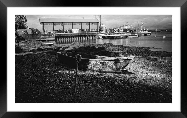 Monochrome Small Boat in Montrose Harbour Shadows Framed Mounted Print by DAVID FRANCIS