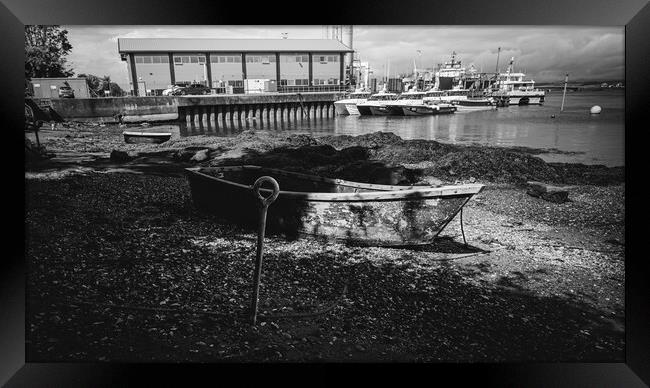 Monochrome Small Boat in Montrose Harbour Shadows Framed Print by DAVID FRANCIS