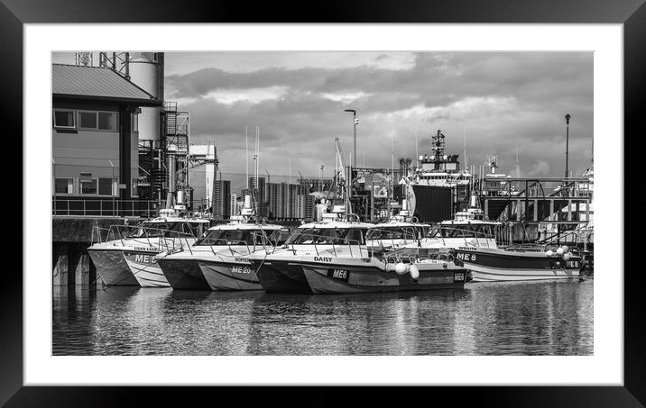 Catamarans in Montrose Harbour Scotland Monochrome Framed Mounted Print by DAVID FRANCIS
