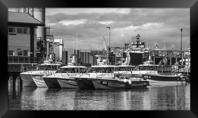 Catamarans in Montrose Harbour Scotland Monochrome Framed Print by DAVID FRANCIS