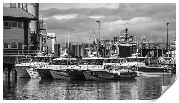 Catamarans in Montrose Harbour Scotland Monochrome Print by DAVID FRANCIS