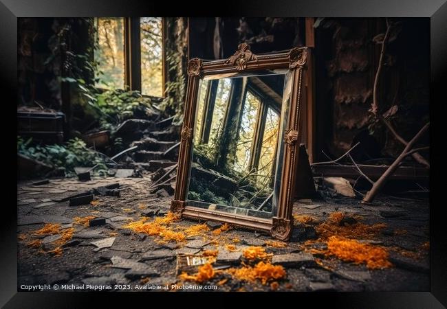 A broken mirror in a lost place created with generative AI techn Framed Print by Michael Piepgras