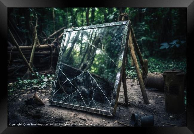 A broken mirror in a lost place created with generative AI techn Framed Print by Michael Piepgras