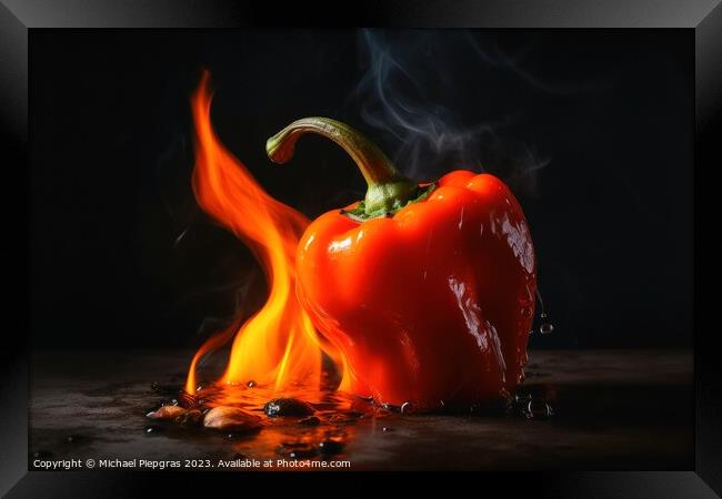 A burning hot peperoni on a dark background created with generat Framed Print by Michael Piepgras