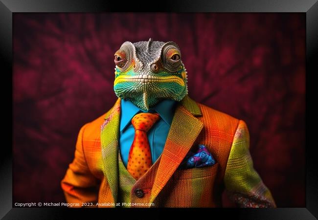 A Chameleon in a colorful suit created with generative AI techno Framed Print by Michael Piepgras