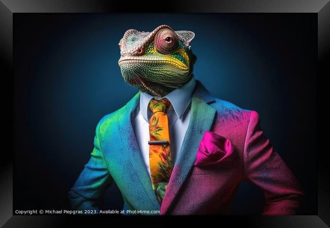 A Chameleon in a colorful suit created with generative AI techno Framed Print by Michael Piepgras