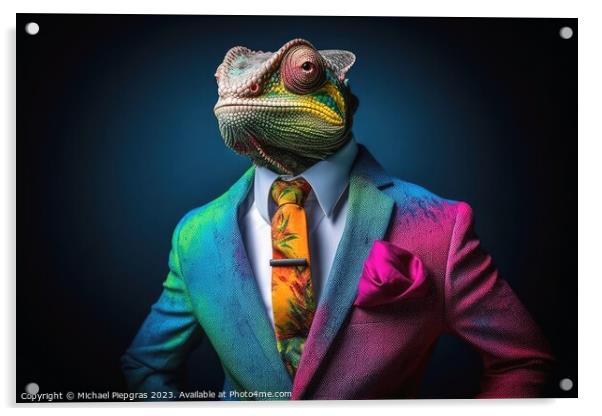 A Chameleon in a colorful suit created with generative AI techno Acrylic by Michael Piepgras