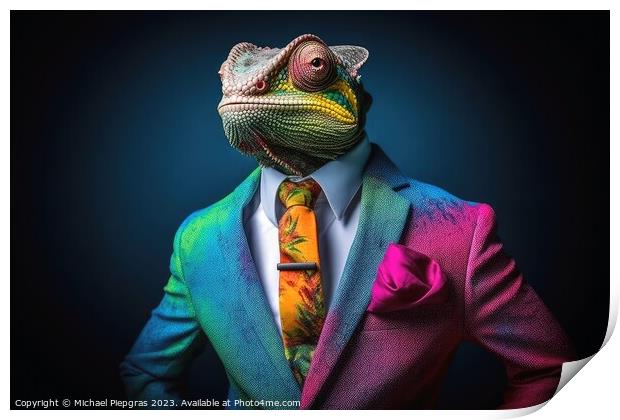A Chameleon in a colorful suit created with generative AI techno Print by Michael Piepgras