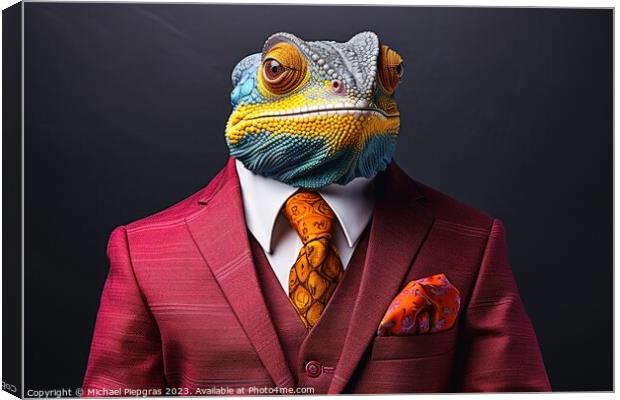 A Chameleon in a colorful suit created with generative AI techno Canvas Print by Michael Piepgras
