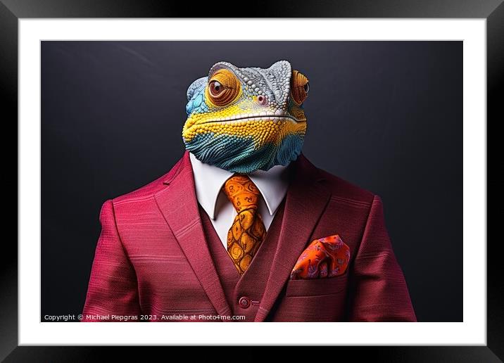 A Chameleon in a colorful suit created with generative AI techno Framed Mounted Print by Michael Piepgras