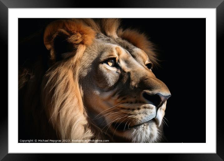 A closeup of a male Lion on a black background created with gene Framed Mounted Print by Michael Piepgras