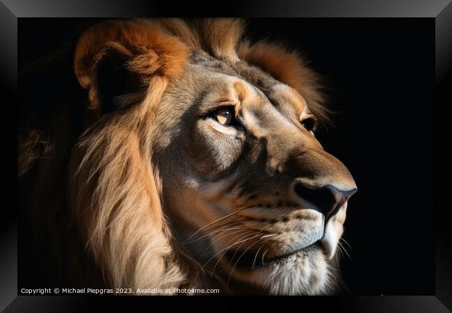 A closeup of a male Lion on a black background created with gene Framed Print by Michael Piepgras