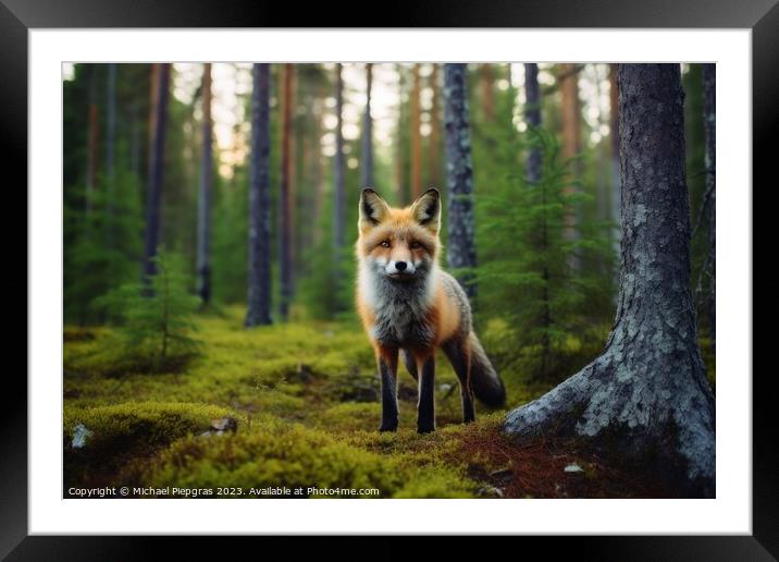 A fox in a mixed forest created with generative AI technology. Framed Mounted Print by Michael Piepgras