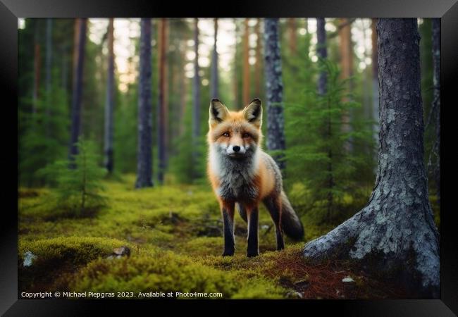 A fox in a mixed forest created with generative AI technology. Framed Print by Michael Piepgras