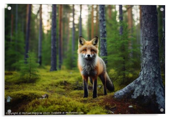A fox in a mixed forest created with generative AI technology. Acrylic by Michael Piepgras