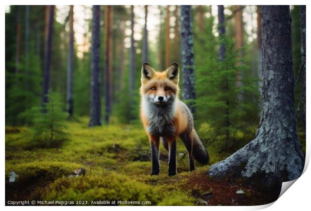 A fox in a mixed forest created with generative AI technology. Print by Michael Piepgras