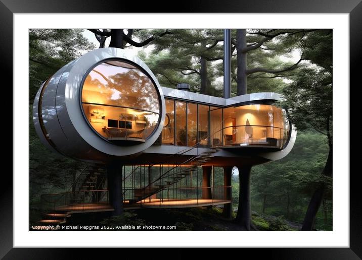 A futuristic tree house created with generative AI technology. Framed Mounted Print by Michael Piepgras