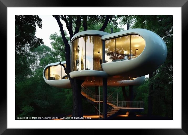 A futuristic tree house created with generative AI technology. Framed Mounted Print by Michael Piepgras